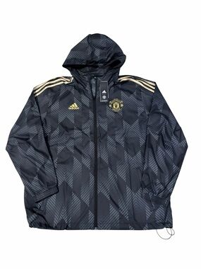 NWT Adidas Manchester United Hooded Windbreaker Jacket Mens XL Black Gold Soccer